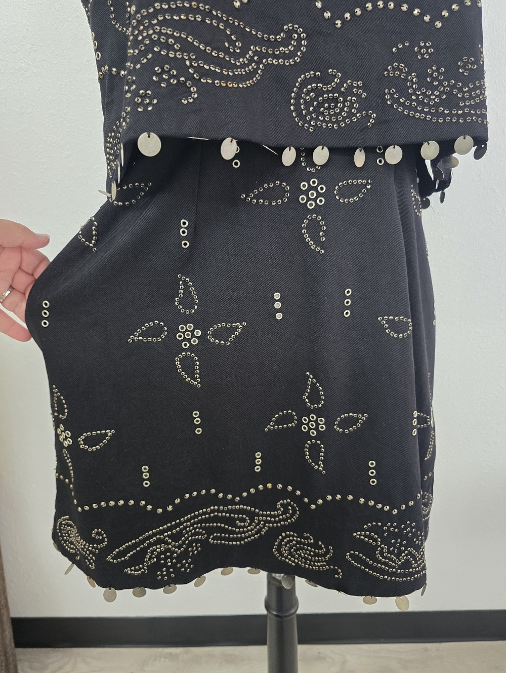 FREE PEOPLE Seven Wishes Black Cotton Pewter Riveted Mini Dress NWOT Womens Sz L - Picture 4 of 11